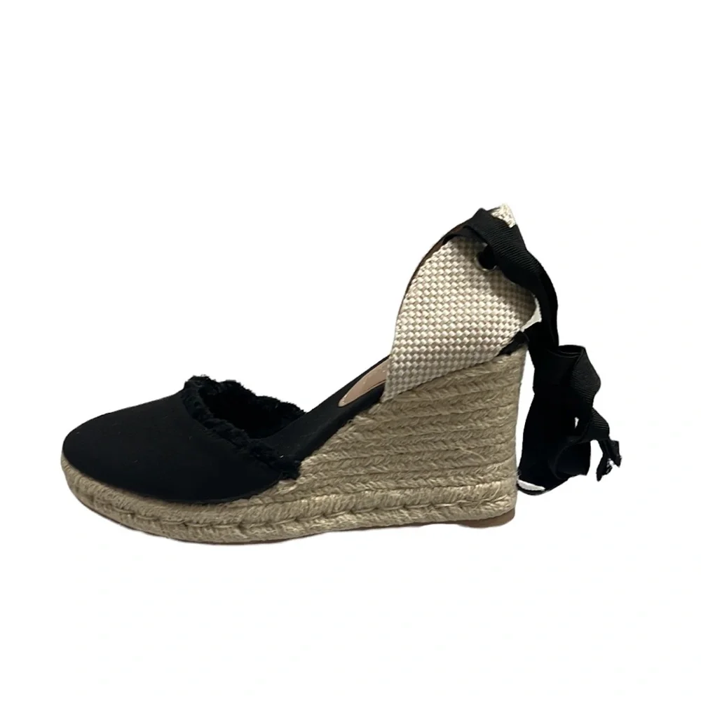 New Look Black Canvas Woven Tie Espadrille Wedges Size 39/US 8